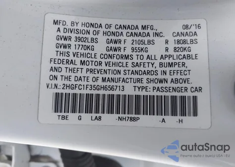 2016 Honda Civic Ex-T из США, поврежденный, VIN 2HGFC1F35GH656713